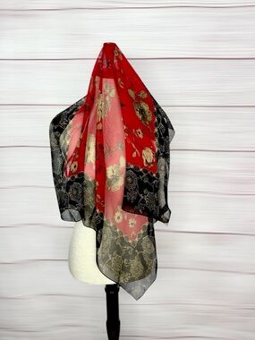 NWT Echo Silk Chiffon Square Scarf Red Floral with Gray Trim Vintage Japan